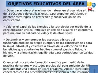 OBJETIVOS EDUCATIVOS DEL ÁREA
• Observar e interpretar el mundo natural en el cual vive a través
de la búsqueda de explicaciones, para proponer soluciones y
plantear estrategias de protección y conservación de los
ecosistemas.
• Valorar el papel de las ciencias y la tecnología por medio de la
concienciación crítica- reflexiva en relación a su rol en el entorno,
para mejorar su calidad de vida y la de otros seres.
• Determinar y comprender los aspectos básicos del
funcionamiento de su propio cuerpo y de las consecuencias para
la salud individual y colectiva a través de la valoración de los
beneficios que aportan los hábitos como el ejercicio físico, la
higiene y la alimentación equilibrada para perfeccionar su calidad
de vida.
Orientar el proceso de formación científica por medio de la
práctica de valores y actitudes propias del pensamiento científico,
para adoptar una actitud crítica y proactiva. Aplicar estrategias
 