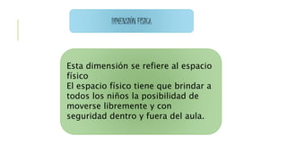 DIMENSIÓN FÍSICA 
Esta dimensión se refiere al espacio 
físico 
El espacio físico tiene que brindar a 
todos los niños la posibilidad de 
moverse libremente y con 
seguridad dentro y fuera del aula. 
