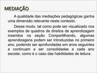 MEDIAÇÃOMEDIAÇÃO
A qualidade das mediações pedagógicas ganha
uma dimensão relevante neste contexto.
Desse modo, tal como pode ser visualizado nos
exemplos de quadros de direitos de aprendizagem
inseridos na seção Compartilhando, algumas
aprendizagens podem ser introduzidas no primeiro
ano, podendo ser aprofundadas em anos seguintes
e continuam a ser consolidadas a cada ano
escolar, como é o caso das habilidades de leitura.
 