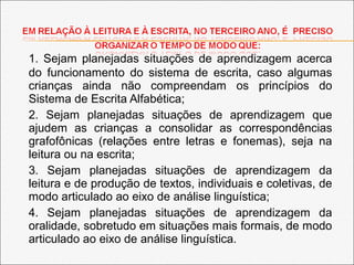 1. Sejam planejadas situações de aprendizagem acerca
do funcionamento do sistema de escrita, caso algumas
crianças ainda não compreendam os princípios do
Sistema de Escrita Alfabética;
2. Sejam planejadas situações de aprendizagem que
ajudem as crianças a consolidar as correspondências
grafofônicas (relações entre letras e fonemas), seja na
leitura ou na escrita;
3. Sejam planejadas situações de aprendizagem da
leitura e de produção de textos, individuais e coletivas, de
modo articulado ao eixo de análise linguística;
4. Sejam planejadas situações de aprendizagem da
oralidade, sobretudo em situações mais formais, de modo
articulado ao eixo de análise linguística.
 