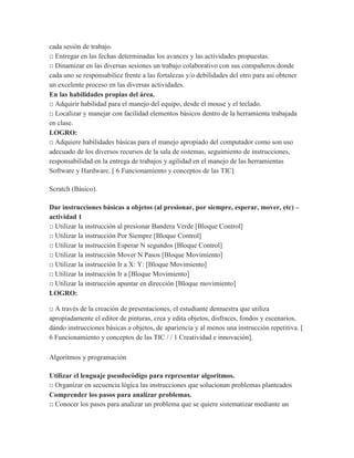cada sesión de trabajo.
□ Entregar en las fechas determinadas los avances y las actividades propuestas.
□ Dinamizar en las diversas sesiones un trabajo colaborativo con sus compañeros donde
cada uno se responsabilice frente a las fortalezas y/o debilidades del otro para así obtener
un excelente proceso en las diversas actividades.
En las habilidades propias del área.
□ Adquirir habilidad para el manejo del equipo, desde el mouse y el teclado.
□ Localizar y manejar con facilidad elementos básicos dentro de la herramienta trabajada
en clase.
LOGRO:
□ Adquiere habilidades básicas para el manejo apropiado del computador como son uso
adecuado de los diversos recursos de la sala de sistemas, seguimiento de instrucciones,
responsabilidad en la entrega de trabajos y agilidad en el manejo de las herramientas
Software y Hardware. [ 6 Funcionamiento y conceptos de las TIC]
Scratch (Básico).
Dar instrucciones básicas a objetos (al presionar, por siempre, esperar, mover, etc) –
actividad 1
□ Utilizar la instrucción al presionar Bandera Verde [Bloque Control]
□ Utilizar la instrucción Por Siempre [Bloque Control]
□ Utilizar la instrucción Esperar N segundos [Bloque Control]
□ Utilizar la instrucción Mover N Pasos [Bloque Movimiento]
□ Utilizar la instrucción Ir a X: Y: [Bloque Movimiento]
□ Utilizar la instrucción Ir a [Bloque Movimiento]
□ Utilizar la instrucción apuntar en dirección [Bloque movimiento]
LOGRO:
□ A través de la creación de presentaciones, el estudiante demuestra que utiliza
apropiadamente el editor de pinturas, crea y edita objetos, disfraces, fondos y escenarios,
dando instrucciones básicas a objetos, de apariencia y al menos una instrucción repetitiva. [
6 Funcionamiento y conceptos de las TIC / / 1 Creatividad e innovación].
Algoritmos y programación
Utilizar el lenguaje pseudocódigo para representar algoritmos.
□ Organizar en secuencia lógica las instrucciones que solucionan problemas planteados
Comprender los pasos para analizar problemas.
□ Conocer los pasos para analizar un problema que se quiere sistematizar mediante un

 