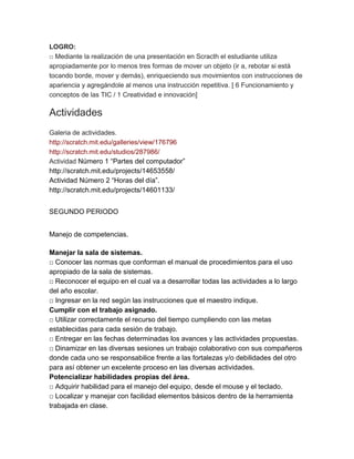 LOGRO:
□ Mediante la realización de una presentación en Scracth el estudiante utiliza
apropiadamente por lo menos tres formas de mover un objeto (ir a, rebotar si está
tocando borde, mover y demás), enriqueciendo sus movimientos con instrucciones de
apariencia y agregándole al menos una instrucción repetitiva. [ 6 Funcionamiento y
conceptos de las TIC / 1 Creatividad e innovación]

Actividades
Galeria de actividades.
http://scratch.mit.edu/galleries/view/176796
http://scratch.mit.edu/studios/287986/
Actividad Número 1 “Partes del computador”
http://scratch.mit.edu/projects/14653558/
Actividad Número 2 “Horas del día”.
http://scratch.mit.edu/projects/14601133/

SEGUNDO PERIODO
Manejo de competencias.
Manejar la sala de sistemas.
□ Conocer las normas que conforman el manual de procedimientos para el uso
apropiado de la sala de sistemas.
□ Reconocer el equipo en el cual va a desarrollar todas las actividades a lo largo
del año escolar.
□ Ingresar en la red según las instrucciones que el maestro indique.
Cumplir con el trabajo asignado.
□ Utilizar correctamente el recurso del tiempo cumpliendo con las metas
establecidas para cada sesión de trabajo.
□ Entregar en las fechas determinadas los avances y las actividades propuestas.
□ Dinamizar en las diversas sesiones un trabajo colaborativo con sus compañeros
donde cada uno se responsabilice frente a las fortalezas y/o debilidades del otro
para así obtener un excelente proceso en las diversas actividades.
Potencializar habilidades propias del área.
□ Adquirir habilidad para el manejo del equipo, desde el mouse y el teclado.
□ Localizar y manejar con facilidad elementos básicos dentro de la herramienta
trabajada en clase.

 