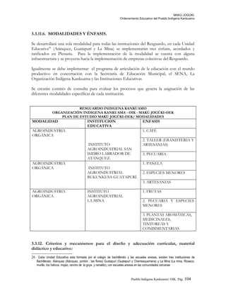 MAKÚ JOGÚKI.
Ordenamiento Educativo del Pueblo Indígena Kankuamo
3.3.11.6. MODALIDADES Y ÉNFASIS.
Se desarrollará una sola modalidad para todas las instituciones del Resguardo, en cada Unidad
Educativa26
(Atánquez, Guatapurí y La Mina) se implementaran tres énfasis, acordados y
ratificados en Plenaria. Para la implementación de la modalidad se cuenta con alguna
infraestructura y se proyecta hacia la implementación de empresas colectivas del Resguardo.
Igualmente se debe implementar el programa de articulación de la educación con el mundo
productivo en concertación con la Secretaría de Educación Municipal, el SENA, La
Organización Indígena Kankuama y las Instituciones Educativas
Se crearán comités de consulta para evaluar los procesos que genera la asignación de las
diferentes modalidades específicas de cada institución.
RESGUARDO INDIGENA KANKUAMO
ORGANIZACIÓN INDIGENA KANKUAMA - OIK - MAKÚ JOGÚKI-OEK
PLAN DE ESTUDIO MAKÚ JOGÚKI-OEK/ MODALIDADES
MODALIDAD INSTITUCION
EDUCATIVA
ENFASIS
AGROINDUSTRIA
ORGÁNICA
INSTITUTO
AGROINDUSTRIAL SAN
ISIDRO LABRADOR DE
ATANQUEZ.
1. CAFÉ
2. TALLER (EBANISTERIA Y
ARTESANIAS)
3. PECUARIA
AGROINDUSTRIA
ORGÁNICA INSTITUTO
AGROINDUSTRIAL
BUKUNKUSA GUATAPURÍ.
1. PANELA
2. ESPECIES MENORES
3. ARTESANIAS
AGROINDUSTRIA
ORGÁNICA
INSTITUTO
AGROINDUSTRIAL
LA MINA
1. FRUTAS
2. PECUARIA Y ESPECIES
MENORES
3. PLANTAS AROMÁTICAS,
MEDICINALES,
TINTOREAS Y
CONDIMENTARIAS
3.3.12. Criterios y mecanismos para el diseño y adecuación curricular, material
didáctico y educativo:
26 Cada Unidad Educativa esta formada por el colegio de bachillerato y las escuelas anexas, existen tres instituciones de
Bachillerato: Atánquez (Atánquez, pontón , las flores) Guatapurí (Guatapurí y Chemesquemena) y La Mina (La mina, Rioseco,
murillo, los haticos, mojao, rancho de la goya y ramalito), con escuelas anexas en las comunidades cercanas
Pueblo Indigena Kankuamo/ OIK. Pág. 104
 