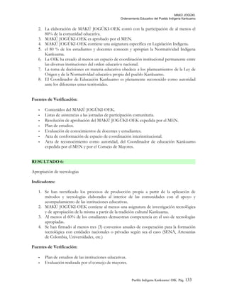 MAKÚ JOGÚKI.
Ordenamiento Educativo del Pueblo Indígena Kankuamo
2. La elaboración de MAKÚ JOGÚKI-OEK contó con la participación de al menos el
80% de la comunidad educativa.
3. MAKÚ JOGÚKI-OEK es aprobado por el MEN.
4. MAKÚ JOGÚKI-OEK contiene una asignatura específica en Legislación Indígena.
5. el 80 % de los estudiantes y docentes conocen y apropian la Normatividad Indígena
Kankuama.
6. La OIK ha creado al menos un espacio de coordinación institucional permanente entre
las diversas instituciones del orden educativo nacional.
7. La toma de decisiones en materia educativa obedece a los planteamientos de la Ley de
Origen y de la Normatividad educativa propia del pueblo Kankuamo.
8. El Coordinador de Educación Kankuamo es plenamente reconocido como autoridad
ante los diferentes entes territoriales.
Fuentes de Verificación:
- Contenidos del MAKÚ JOGÚKI-OEK.
- Listas de asistencias a las jornadas de participación comunitaria.
- Resolución de aprobación del MAKÚ JOGÚKI-OEK expedida por el MEN.
- Plan de estudios.
- Evaluación de conocimientos de docentes y estudiantes.
- Acta de conformación de espacio de coordinación interinstitucional.
- Acta de reconocimiento como autoridad, del Coordinador de educación Kankuamo
expedida por el MEN y por el Consejo de Mayores.
RESULTADO 6:
Apropiación de tecnologías
Indicadores:
1. Se han tecnificado los procesos de producción propia a partir de la aplicación de
métodos y tecnologías elaboradas al interior de las comunidades con el apoyo y
acompañamiento de las instituciones educativas.
2. MAKÚ JOGÚKI-OEK contiene al menos una asignatura de investigación tecnológica
y de apropiación de la misma a partir de la tradición cultural Kankuama.
3. Al menos el 60% de los estudiantes demuestran competencia en el uso de tecnologías
apropiadas.
4. Se han firmado al menos tres (3) convenios anuales de cooperación para la formación
tecnológica con entidades nacionales o privadas según sea el caso (SENA, Artesanías
de Colombia, Universidades, etc.)
Fuentes de Verificación:
- Plan de estudios de las instituciones educativas.
- Evaluación realizada por el consejo de mayores.
Pueblo Indigena Kankuamo/ OIK. Pág. 133
 