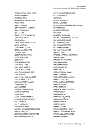 MAKÚ JOGÚKI.
Ordenamiento Educativo del Pueblo Indígena Kankuamo
JAIME ANTONIO ARIAS ARIAS
JAIME ARIAS ARIAS
JAIME LUIS ARIAS
JAIRO ALBERTO RODRIGUEZ
JAVIER ARIAS
JAVIER ESTRADA
JEAN RODRIGUEZ MAESTRE
JESYRETH MORALES
JETI CACERES
JOEINYS PERTUZ MONTERO
JOEL DAVID ARIAS
JOHANA ARIAS
JORGE DAVID ARIAS GUERRA
JORGE MARTINEZ
JOSE ALBERTO ARIZA
JOSE DAMIAN MAESTRE
JOSE GUTIERREZ
JOSE JAIME ARIAS ARIAS
JOSE JORGE ARIAS
JOSE OÑATE
JOSE REYES MORENO
JUAN ARIAS ARIAS
JUAN ARIAS MAESTRE
JUAN AURELIO ARIAS
JUAN CARLOS BLANCHARD
JUAN HERRON
JULIA ELENA HINOJOSA DAZA
JULIA PEÑA DE LA HOZ
JULIO MAESTRE VILLAZON
JULIO MONTERO
JULIO VILLAZON
JUVENAL JOSE MINDIOLA
JUVENAL MONTERO
KAREN ARIAS
KARLA ARIAS SARMIENTO
KATERINE MONTERO TALCO
KEILA VILLAZON
KEILYS RODRIGUEZ
LAUREANO TORREZ
LAURETH LEONOR LOPEZ FUENTES
LENIS RODRIGUEZ
LETICIA INES ROMERO MARTINEZ
LEVITH ANDRES CARRILLO
LICETH MANJARREZ PACHECO
LICETH MENDOZA
LIDA ARIAS
LISBETH MANDOZA
LORENA VILLAZON
LOYDA MARGARITA MARTINEZ BARROS
LUCIA MORILLO
LUIS CARLOS TORRES
LUIS DAZA
LUIS DEMETRIO ARIAS
LUIS RICARDO CARRILLO BLANCO
LUZ MARIA RODRIGUEZ
LUZ MARINA GARCIA
LUZ MARINA MONTAÑO
LUZ MERY ARIAS ARIAS
LUZ YANETH MARTINEZ
MAGALIS PINTO
MAGRED MARTINEZ CONTRERAS
MAHOLIS ARIAS
MAHOLIS PASTORA ARIAS
MALENA RAMIREZ
MALORY MONTERO
MANUEL FUENTES
MARELIS DAZA
MARIA ANGELICA RAMOS
MARIA CHAPARRO
MARIA CONSUELO PACHECO
MARIA ELENA CORZO
MARIA EUGENIA CARRASCAL
MARIA MARTINEZ
MARIA ROMERO
MARIBETH MEJIA CARRILLO
MARIEDIS DAZA
MARINA JIMENEZ
MARIO JOSE BOLAÑOS
MARIO RIOS OÑATE
MARIO VILLAZON
MARTIN JIMENES
MARY LUZ ARIAS
MAYERLIS BEATRIZ TORRES
MAYERLY MAESTRE MONTERO
MAYRA ALEJANDRA RAMOS
MAYRA ARIAS ARIAS
Pueblo Indigena Kankuamo/ OIK. Pág. 148
 
