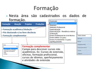  Nesta área são cadastrados os dados de
formação.
Formação complementar
Campo para descrever cursos não
acadêmicos. Ex: Cursos de extensão,
oficinas, formação profissional,
cursos de idiomas, aperfeiçoamento
e atividades de extensão
 