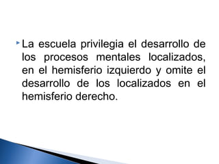 La escuela privilegia el desarrollo de 
los procesos mentales localizados, 
en el hemisferio izquierdo y omite el 
desarrollo de los localizados en el 
hemisferio derecho. 
 
