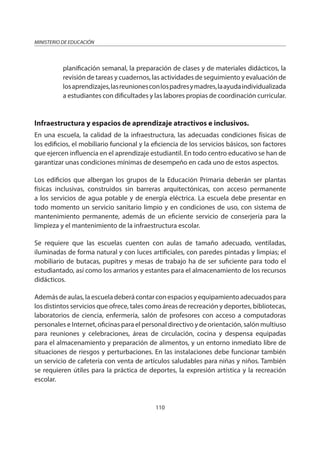 110
MINISTERIO DE EDUCACIÓN
planificación semanal, la preparación de clases y de materiales didácticos, la
revisión de tareas y cuadernos, las actividades de seguimiento y evaluación de
losaprendizajes,lasreunionesconlospadresymadres,laayudaindividualizada
a estudiantes con dificultades y las labores propias de coordinación curricular.
Infraestructura y espacios de aprendizaje atractivos e inclusivos.
En una escuela, la calidad de la infraestructura, las adecuadas condiciones físicas de
los edificios, el mobiliario funcional y la eficiencia de los servicios básicos, son factores
que ejercen influencia en el aprendizaje estudiantil. En todo centro educativo se han de
garantizar unas condiciones mínimas de desempeño en cada uno de estos aspectos.
Los edificios que albergan los grupos de la Educación Primaria deberán ser plantas
físicas inclusivas, construidos sin barreras arquitectónicas, con acceso permanente
a los servicios de agua potable y de energía eléctrica. La escuela debe presentar en
todo momento un servicio sanitario limpio y en condiciones de uso, con sistema de
mantenimiento permanente, además de un eficiente servicio de conserjería para la
limpieza y el mantenimiento de la infraestructura escolar.
Se requiere que las escuelas cuenten con aulas de tamaño adecuado, ventiladas,
iluminadas de forma natural y con luces artificiales, con paredes pintadas y limpias; el
mobiliario de butacas, pupitres y mesas de trabajo ha de ser suficiente para todo el
estudiantado, así como los armarios y estantes para el almacenamiento de los recursos
didácticos.
Además de aulas, la escuela deberá contar con espacios y equipamiento adecuados para
los distintos servicios que ofrece, tales como áreas de recreación y deportes, bibliotecas,
laboratorios de ciencia, enfermería, salón de profesores con acceso a computadoras
personales e Internet, oficinas para el personal directivo y de orientación, salón multiuso
para reuniones y celebraciones, áreas de circulación, cocina y despensa equipadas
para el almacenamiento y preparación de alimentos, y un entorno inmediato libre de
situaciones de riesgos y perturbaciones. En las instalaciones debe funcionar también
un servicio de cafetería con venta de artículos saludables para niñas y niños. También
se requieren útiles para la práctica de deportes, la expresión artística y la recreación
escolar.
 