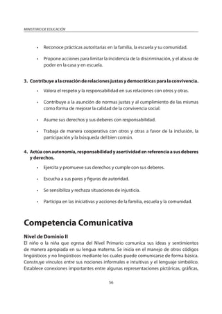 56
MINISTERIO DE EDUCACIÓN
• Reconoce prácticas autoritarias en la familia, la escuela y su comunidad.
• Propone acciones para limitar la incidencia de la discriminación, y el abuso de
poder en la casa y en escuela.
3. Contribuyealacreaciónderelacionesjustasydemocráticasparalaconvivencia.
• Valora el respeto y la responsabilidad en sus relaciones con otros y otras.
• Contribuye a la asunción de normas justas y al cumplimiento de las mismas
como forma de mejorar la calidad de la convivencia social.
• Asume sus derechos y sus deberes con responsabilidad.
• Trabaja de manera cooperativa con otros y otras a favor de la inclusión, la
participación y la búsqueda del bien común.
4. Actúaconautonomía,responsabilidadyasertividadenreferenciaasusdeberes
y derechos.
• Ejercita y promueve sus derechos y cumple con sus deberes.
• Escucha a sus pares y figuras de autoridad.
• Se sensibiliza y rechaza situaciones de injusticia.
• Participa en las iniciativas y acciones de la familia, escuela y la comunidad.
Competencia Comunicativa
Nivel de Dominio II
El niño o la niña que egresa del Nivel Primario comunica sus ideas y sentimientos
de manera apropiada en su lengua materna. Se inicia en el manejo de otros códigos
lingüísticos y no lingüísticos mediante los cuales puede comunicarse de forma básica.
Construye vínculos entre sus nociones informales e intuitivas y el lenguaje simbólico.
Establece conexiones importantes entre algunas representaciones pictóricas, gráficas,
 