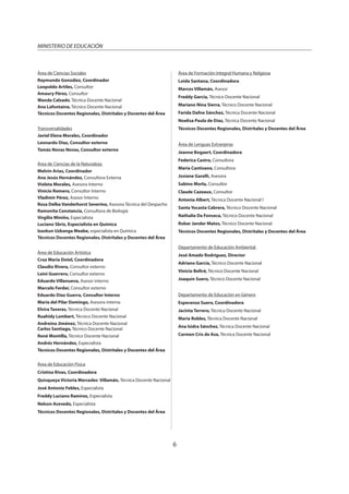 6
MINISTERIO DE EDUCACIÓN
Área de Ciencias Sociales
Raymundo González, Coordinador
Leopoldo Artiles, Consultor
Amaury Pérez, Consultor
Wanda Calzado, Técnica Docente Nacional
Ana Lafontaine, Técnico Docente Nacional
Técnicos Docentes Regionales, Distritales y Docentes del Área
Transversalidades
Javiel Elena Morales, Coordinador
Leonardo Díaz, Consultor externo
Tomás Novas Novas, Consultor externo
Área de Ciencias de la Naturaleza
Melvin Arias, Coordinador
Ana Jesús Hernández, Consultora Externa
Violeta Morales, Asesora Interno
Vinicio Romero, Consultor Interno
Vladimir Pérez, Asesor Interno
Rosa Delba Vanderhorst Severino, Asesora Técnica del Despacho
Ramonita Constancia, Consultora de Biología
Virgilio Miniño, Especialista
Luciano Sbriz, Especialista en Química
Izaskun Uzkanga Meabe, especialista en Química
Técnicos Docentes Regionales, Distritales y Docentes del Área
Área de Educación Artística
Cruz María Dotel, Coordinadora
Claudio Rivera, Consultor externo
Leini Guerrero, Consultor externo
Eduardo Villanueva, Asesor interno
Marcelo Ferder, Consultor externo
Eduardo Díaz Guerra, Consultor Interno
María del Pilar Domingo, Asesora interna
Elvira Taveras, Técnica Docente Nacional
Ruahidy Lombert, Técnico Docente Nacional
Andreína Jiménez, Técnica Docente Nacional
Carlos Santiago, Técnico Docente Nacional
René Montilla, Técnico Docente Nacional
Andrés Hernández, Especialista
Técnicos Docentes Regionales, Distritales y Docentes del Área
Área de Educación Física
Cristina Rivas, Coordinadora
Quisqueya Victoria Mercedes Villamán, Técnica Docente Nacional
José Antonio Febles, Especialista
Freddy Luciano Ramírez, Especialista
Nelson Acevedo, Especialista
Técnicos Docentes Regionales, Distritales y Docentes del Área
Área de Formación Integral Humana y Religiosa
Loida Santana, Coordinadora
Marcos Villamán, Asesor
Freddy García, Técnico Docente Nacional
Mariano Nina Sierra, Técnico Docente Nacional
Farida Dafne Sánchez, Técnica Docente Nacional
Noelisa Paula de Díaz, Técnica Docente Nacional
Técnicos Docentes Regionales, Distritales y Docentes del Área
Área de Lenguas Extranjeras
Jeanne Bogaert, Coordinadora
Federica Castro, Consultora
María Cantisano, Consultora
Josiane Garelli, Asesora
Sabino Morla, Consultor
Claude Cazeaux, Consultor
Antonia Albert, Técnica Docente Nacional l
Santa Yocasta Cabrera, Técnico Docente Nacional
Nathalie Da Fonseca, Técnico Docente Nacional
Rober Jander Matos, Técnico Docente Nacional
Técnicos Docentes Regionales, Distritales y Docentes del Área
Departamento de Educación Ambiental
José Amado Rodríguez, Director
Adriano García, Técnico Docente Nacional
Vinicio Beltré, Técnico Docente Nacional
Joaquín Suero, Técnico Docente Nacional 
Departamento de Educación en Género
Esperanza Suero, Coordinadora
Jacinta Terrero, Técnica Docente Nacional
María Robles, Técnica Docente Nacional
Ana Isidra Sánchez, Técnica Docente Nacional
Carmen Cris de Aza, Técnica Docente Nacional
 