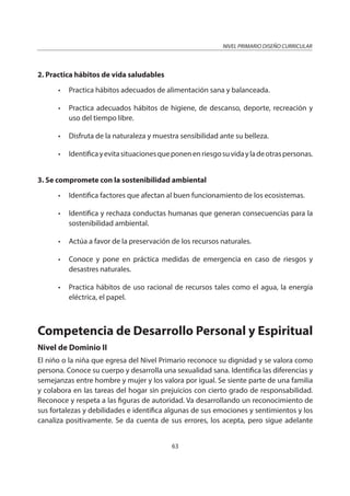 NIVEL PRIMARIO DISEÑO CURRICULAR
63
2. Practica hábitos de vida saludables
• Practica hábitos adecuados de alimentación sana y balanceada.
• Practica adecuados hábitos de higiene, de descanso, deporte, recreación y
uso del tiempo libre.
• Disfruta de la naturaleza y muestra sensibilidad ante su belleza.
• Identificayevitasituacionesqueponenenriesgosuvidayladeotraspersonas.
3. Se compromete con la sostenibilidad ambiental
• Identifica factores que afectan al buen funcionamiento de los ecosistemas.
• Identifica y rechaza conductas humanas que generan consecuencias para la
sostenibilidad ambiental.
• Actúa a favor de la preservación de los recursos naturales.
• Conoce y pone en práctica medidas de emergencia en caso de riesgos y
desastres naturales.
• Practica hábitos de uso racional de recursos tales como el agua, la energía
eléctrica, el papel.
Competencia de Desarrollo Personal y Espiritual
Nivel de Dominio II
El niño o la niña que egresa del Nivel Primario reconoce su dignidad y se valora como
persona. Conoce su cuerpo y desarrolla una sexualidad sana. Identifica las diferencias y
semejanzas entre hombre y mujer y los valora por igual. Se siente parte de una familia
y colabora en las tareas del hogar sin prejuicios con cierto grado de responsabilidad.
Reconoce y respeta a las figuras de autoridad. Va desarrollando un reconocimiento de
sus fortalezas y debilidades e identifica algunas de sus emociones y sentimientos y los
canaliza positivamente. Se da cuenta de sus errores, los acepta, pero sigue adelante
 