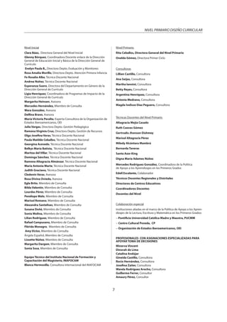 NIVEL PRIMARIO DISEÑO CURRICULAR
7
Nivel Inicial
Clara Báez, Directora General del Nivel Inicial
Glenny Bórquez, Coordinadora Docente enlace de la Dirección
General de Educación Inicial y Básica de la Dirección General de
Currículo
Evelyn Paula B., Directora Depto. Evaluación y Monitoreo
Rosa Amalia Morillo, Directora Depto. Atención Primera Infancia
Fe Rosalía Alba, Técnica Docente Nacional
Andrea Núñez, Técnica Docente Nacional
Esperanza Suero, Directora del Departamento en Género de la
Dirección General de Currículo
Ligia Henríquez, Coordinadora de Programas de Impacto de la
Dirección General de Currículo
Margarita Heinsen, Asesora
Mercedes Hernández, Miembro de Consulta
Wara González, Asesora
Delfina Bravo, Asesora
María Victoria Peralta, Experta Consultora de la Organización de
Estados Iberoamericanos, OEI
Julia Vargas, Directora Depto. Gestión Pedagógica
Ramona Virginia Cruz, Directora Depto. Gestión de Recursos
Olga Josefina Veras, Técnica Docente Nacional
Paula Matilde Ceballos, Técnica Docente Nacional
Georgina Acevedo, Técnica Docente Nacional
Belkys María Batista, Técnica Docente Nacional
Maritza del Villar, Técnica Docente Nacional
Dominga Sánchez, Técnica Docente Nacional
Ramona Altagracia Almánzar, Técnica Docente Nacional
María Antonia Marte, Técnica Docente Nacional
Judith Graciano, Técnica Docente Nacional
Cledenín Veras, Asesora
Rosa Divina Oviedo, Asesora
Egla Brito, Miembro de Consulta
Bilda Valentín, Miembro de Consulta
Lourdes Pérez, Miembro de Consulta
Penélope Melo, Miembro de Consulta
Marisol Romano, Miembro de Consulta
Alexandra Santelises, Miembro de Consulta
Susana Doñé, Miembro de Consulta
Sonia Molina, Miembro de Consulta
Lilian Rodríguez, Miembro de Consulta
Rafael Campusano, Miembro de Consulta
Flérida Monegro, Miembro de Consulta
Amy Víctor, Miembro de Consulta
Ángela Español, Miembro de Consulta
Lissette Núñez, Miembro de Consulta
Margarita Dargam, Miembro de Consulta
Sonia Sosa, Miembro de Consulta
Equipo Técnico del Instituto Nacional de Formación y
Capacitación del Magisterio, INAFOCAM
Blanca Hermosilla, Consultora internacional del INAFOCAM
Nivel Primario
Rita Ceballos, Directora General del Nivel Primario
Onelda Gómez, Directora Primer Ciclo
Consultoras
Lillian Castillo, Consultora
Ana Seijas, Consultora
Martha Iannini, Consultora
Betty Reyes, Consultora
Argentina Henríquez, Consultora
Antonia Medrano, Consultora
Magda Ivelisse Díaz Peguero, Consultora
Técnicas Docentes del Nivel Primario
Altagracia Mejía Casado
Ruth Cuevas Gómez
Gertrudis Jhonson Dishmey
Marisol Altagracia Pérez
Miledy Alcántara Mambrú
Bernarda Taveras
Santa Azor King
Digna María Adames Núñez
Mercedes Rodríguez González, Coordinadora de la Política
de Apoyo a los Aprendizajes en los Primeros Grados
Edell Escalante, Colaborador
Técnicos Docentes Regionales y Distritales
Directores de Centros Educativos
Coordinadores Docentes
Docentes del Nivel
Colaboración especial
Instituciones aliadas en el marco de la Política de Apoyo a los Apren-
dizajes de la Lectura, Escritura y Matemática en los Primeros Grados:
Pontificia Universidad Católica Madre y Maestra, PUCMM
Centro Cultural Poveda, CP
Organización de Estados Iberoamericanos, OEI
PROFESIONALES CON ASIGNACIONES ESPECIALIZADAS PARA
APOYAR TOMA DE DECISIONES
Minerva Vincent
Dinorah de Lima
Catalina Andújar
Gineida Castillo, Consultora
Rocío Hernández, Consultora
Josefina Zaiter, Consultora
Wanda Rodríguez Arocho, Consultora
Guillermo Ferrer, Consultor
Amaury Pérez, Consultor
 