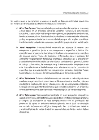 NIVEL PRIMARIO DISEÑO CURRICULAR
83
Se sugiere que la integración se plantee a partir de las competencias, siguiendo
los niveles de transversalidad tal como los plantea Tobón:
a) Nivel Pre-formal: Transversalidad centrada en abordar un tema relevante
a nivel social en un proyecto, como los Derechos Humanos, la alimentación
saludable, la educación vial, la equidad de género, los problemas ambientales,
la educación sexual, etc. Por el solo hecho de abordar un tema social relevante,
ya hay un proceso inicial de transversalidad porque ello implica considerar
implícitamente varias áreas, como por ejemplo lenguaje, ciencias sociales, etc.
b) Nivel Receptivo: Transversalidad enfocada en abordar al menos una
competencia genérica junto a una competencia específica o básica. Por
ejemplo,tenerunproyectoformativocentradoenunacompetenciaespecífica
de biología como: “Toma de decisiones informadas para el cuidado del
ambiente y la promoción de la salud orientadas a la cultura de la prevención”
y buscar también el desarrollo de una o varias competencias genéricas, como
el trabajo colaborativo, la investigación y la comunicación. Un proyecto de
este tipo debe tener actividades concretas relacionadas con la competencia
específica que a su vez aborden las competencias genéricas descritas. Puede
haber algunos elementos de transversalidad, pero de forma explícita.
c) Nivel Autónomo: Transversalidad centrada en que dos o más asignaturas o
módulostenganunmismoproyectoenunbloque,elcualseplanificayejecuta
mediante la colaboración de los y las docentes de las asignaturas o módulos.
Se sigue un enfoque interdisciplinario, que consiste en resolver un problema
con las contribuciones conceptuales y metodológicas de varias disciplinas.
d) Nivel Estratégico: Transversalidad centrada en tener proyectos integrativos
que aborden varias competencias, con pérdida de límites entre las asignaturas
y campos. La evaluación se hace completamente con los productos del
proyecto. Se sigue un enfoque transdisciplinario, en el cual se construye
un modelo teórico-metodológico integrando las contribuciones teóricas
y metodológicas de varias disciplinas, con pérdida de límites entre dichas
disciplinas.
 