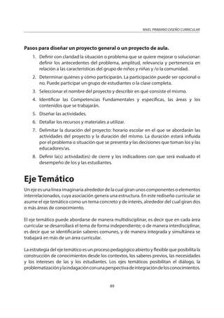NIVEL PRIMARIO DISEÑO CURRICULAR
89
Pasos para diseñar un proyecto general o un proyecto de aula.
1. Definir con claridad la situación o problema que se quiere mejorar o solucionar:
definir los antecedentes del problema, amplitud, relevancia y pertenencia en
relación a las características del grupo de niños y niñas y /o la comunidad.
2. Determinar quiénes y cómo participarán. La participación puede ser opcional o
no. Puede participar un grupo de estudiantes o la clase completa.
3. Seleccionar el nombre del proyecto y describir en qué consiste el mismo.
4. Identificar las Competencias Fundamentales y específicas, las áreas y los
contenidos que se trabajarán.
5. Diseñar las actividades.
6. Detallar los recursos y materiales a utilizar.
7. Delimitar la duración del proyecto: horario escolar en el que se abordarán las
actividades del proyecto y la duración del mismo. La duración estará influida
por el problema o situación que se presenta y las decisiones que toman los y las
educadores/as.
8. Definir la(s) actividad(es) de cierre y los indicadores con que será evaluado el
desempeño de los y las estudiantes.
Eje Temático
Un eje es una línea imaginaria alrededor de la cual giran unos componentes o elementos
interrelacionados, cuya asociación genera una estructura. En este rediseño curricular se
asume el eje temático como un tema concreto y de interés, alrededor del cual giran dos
o más áreas de conocimiento.
El eje temático puede abordarse de manera multidisciplinar, es decir que en cada área
curricular se desarrollará el tema de forma independiente; o de manera interdisciplinar,
es decir que se identificarán saberes comunes, y de manera integrada y simultánea se
trabajará en más de un área curricular.
La estrategia del eje temático es un proceso pedagógico abierto y flexible que posibilita la
construcción de conocimientos desde los contextos, los saberes previos, las necesidades
y los intereses de las y los estudiantes. Los ejes temáticos posibilitan el diálogo, la
problematizaciónylaindagaciónconunaperspectivadeintegracióndelosconocimientos.
 