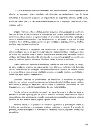 245
O DOC-RJ elaborado de maneira alinhada à Base Nacional Comum Curricular propõe que ao
abordar as linguagens, sejam articuladas seis dimensões do conhecimento, que de forma
simultânea e indissociável caracterize as singularidades da experiência artística. Sendo assim,
conforme a BNCC (2017, p. 192), essas dimensões perpassam as linguagens (artes visuais, dança,
música e teatro):
Criação: refere-se ao fazer artístico, quando os sujeitos criam, produzem e constroem.
Trata-se de uma atitude intencional e investigativa que confere materialidade estética a
sentimentos, ideias, desejos e representações em processos, acontecimentos e produções
artísticas individuais ou coletivas. Essa dimensão trata do apreender o que está em jogo
durante o fazer artístico, processo permeado por tomadas de decisão, entraves, desafios,
conflitos, negociações e inquietações.
Crítica: refere-se às impressões que impulsionam os sujeitos em direção a novas
compreensões do espaço em que vivem, com base no estabelecimento de relações, por meio
do estudo e da pesquisa, entre as diversas experiências e manifestações artísticas e culturais
vividas e conhecidas. Essa dimensão articula ação e pensamento propositivos, envolvendo
aspectos estéticos, políticos, históricos, filosóficos, sociais, econômicos e culturais.
Estesia: refere-se à experiência sensível dos sujeitos em relação ao espaço, ao tempo,
ao som, à ação, às imagens, ao próprio corpo e aos diferentes materiais. Essa dimensão
articula a sensibilidade e a percepção, tomadas como forma de conhecer a si mesmo, o outro
e o mundo. Nela, o corpo em sua totalidade (emoção, percepção, intuição, sensibilidade e
intelecto) é o protagonista da experiência.
Expressão: refere-se às possibilidades de exteriorizar e manifestar as criações
subjetivas por meio de procedimentos artísticos, tanto em âmbito individual quanto coletivo.
Essa dimensão emerge da experiência artística com os elementos constitutivos de cada
linguagem, dos seus vocabulários específicos e das suas materialidades.
Fruição: refere-se ao deleite, ao prazer, ao estranhamento e à abertura para se
sensibilizar durante a participação em práticas artísticas e culturais. Essa dimensão implica
disponibilidade dos sujeitos para a relação continuada com produções artísticas e culturais
oriundas das mais diversas épocas, lugares e grupos sociais.
Reflexão: refere-se ao processo de construir argumentos e ponderações sobre as
fruições, as experiências e os processos criativos, artísticos e culturais. É a atitude de
perceber, analisar e interpretar as manifestações artísticas e culturais, seja como criador, seja
como leitor.
 
