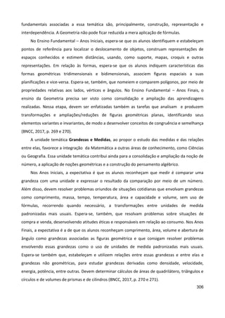 306
fundamentais associadas a essa temática são, principalmente, construção, representação e
interdependência. A Geometria não pode ficar reduzida a mera aplicação de fórmulas.
No Ensino Fundamental – Anos Iniciais, espera-se que os alunos identifiquem e estabeleçam
pontos de referência para localizar o deslocamento de objetos, construam representações de
espaços conhecidos e estimem distâncias, usando, como suporte, mapas, croquis e outras
representações. Em relação às formas, espera-se que os alunos indiquem características das
formas geométricas tridimensionais e bidimensionais, associem figuras espaciais a suas
planificações e vice-versa. Espera-se, também, que nomeiem e comparem polígonos, por meio de
propriedades relativas aos lados, vértices e ângulos. No Ensino Fundamental – Anos Finais, o
ensino da Geometria precisa ser visto como consolidação e ampliação das aprendizagens
realizadas. Nessa etapa, devem ser enfatizadas também as tarefas que analisam e produzem
transformações e ampliações/reduções de figuras geométricas planas, identificando seus
elementos variantes e invariantes, de modo a desenvolver conceitos de congruência e semelhança
(BNCC, 2017, p. 269 e 270).
A unidade temática Grandezas e Medidas, ao propor o estudo das medidas e das relações
entre elas, favorece a integração da Matemática a outras áreas de conhecimento, como Ciências
ou Geografia. Essa unidade temática contribui ainda para a consolidação e ampliação da noção de
número, a aplicação de noções geométricas e a construção do pensamento algébrico.
Nos Anos Iniciais, a expectativa é que os alunos reconheçam que medir é comparar uma
grandeza com uma unidade e expressar o resultado da comparação por meio de um número.
Além disso, devem resolver problemas oriundos de situações cotidianas que envolvam grandezas
como comprimento, massa, tempo, temperatura, área e capacidade e volume, sem uso de
fórmulas, recorrendo quando necessário, a transformações entre unidades de medida
padronizadas mais usuais. Espera-se, também, que resolvam problemas sobre situações de
compra e venda, desenvolvendo atitudes éticas e responsáveis em relação ao consumo. Nos Anos
Finais, a expectativa é a de que os alunos reconheçam comprimento, área, volume e abertura de
ângulo como grandezas associadas as figuras geométrica e que consigam resolver problemas
envolvendo essas grandezas como o uso de unidades de medida padronizadas mais usuais.
Espera-se também que, estabeleçam e utilizem relações entre essas grandezas e entre elas e
grandezas não geométricas, para estudar grandezas derivadas como densidade, velocidade,
energia, potência, entre outras. Devem determinar cálculos de áreas de quadrilátero, triângulos e
círculos e de volumes de prismas e de cilindros (BNCC, 2017, p. 270 e 271).
 