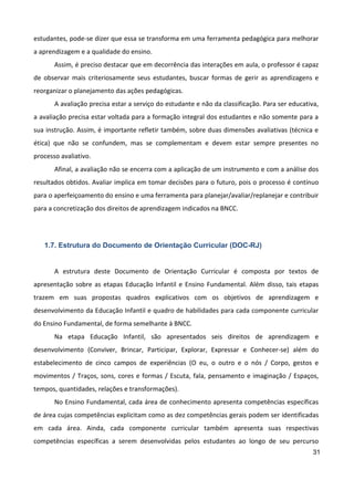 31
estudantes, pode-se dizer que essa se transforma em uma ferramenta pedagógica para melhorar
a aprendizagem e a qualidade do ensino.
Assim, é preciso destacar que em decorrência das interações em aula, o professor é capaz
de observar mais criteriosamente seus estudantes, buscar formas de gerir as aprendizagens e
reorganizar o planejamento das ações pedagógicas.
A avaliação precisa estar a serviço do estudante e não da classificação. Para ser educativa,
a avaliação precisa estar voltada para a formação integral dos estudantes e não somente para a
sua instrução. Assim, é importante refletir também, sobre duas dimensões avaliativas (técnica e
ética) que não se confundem, mas se complementam e devem estar sempre presentes no
processo avaliativo.
Afinal, a avaliação não se encerra com a aplicação de um instrumento e com a análise dos
resultados obtidos. Avaliar implica em tomar decisões para o futuro, pois o processo é contínuo
para o aperfeiçoamento do ensino e uma ferramenta para planejar/avaliar/replanejar e contribuir
para a concretização dos direitos de aprendizagem indicados na BNCC.
1.7. Estrutura do Documento de Orientação Curricular (DOC-RJ)
A estrutura deste Documento de Orientação Curricular é composta por textos de
apresentação sobre as etapas Educação Infantil e Ensino Fundamental. Além disso, tais etapas
trazem em suas propostas quadros explicativos com os objetivos de aprendizagem e
desenvolvimento da Educação Infantil e quadro de habilidades para cada componente curricular
do Ensino Fundamental, de forma semelhante à BNCC.
Na etapa Educação Infantil, são apresentados seis direitos de aprendizagem e
desenvolvimento (Conviver, Brincar, Participar, Explorar, Expressar e Conhecer-se) além do
estabelecimento de cinco campos de experiências (O eu, o outro e o nós / Corpo, gestos e
movimentos / Traços, sons, cores e formas / Escuta, fala, pensamento e imaginação / Espaços,
tempos, quantidades, relações e transformações).
No Ensino Fundamental, cada área de conhecimento apresenta competências específicas
de área cujas competências explicitam como as dez competências gerais podem ser identificadas
em cada área. Ainda, cada componente curricular também apresenta suas respectivas
competências específicas a serem desenvolvidas pelos estudantes ao longo de seu percurso
 