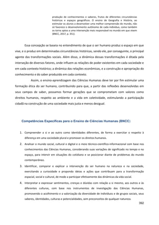 392
produção de conhecimentos e saberes, frutos de diferentes circunstâncias
históricas e espaços geográficos. O ensino de Geografia e História, ao
estimular os alunos a desenvolver uma melhor compreensão do mundo, não
só favorece o desenvolvimento autônomo de cada indivíduo, como também
os torna aptos a uma intervenção mais responsável no mundo em que vivem
(BNCC, 2017, p. 351).
Essa concepção se baseia no entendimento de que o ser humano produz o espaço em que
vive, e o produz em determinadas circunstâncias históricas, sendo ele, por conseguinte, o principal
agente das transformações sociais. Além disso, a dinâmica dessas transformações é ditada pela
interseção de diversos fatores, onde influem as relações de poder existentes em cada sociedade e
em cada contexto histórico; a dinâmica das relações econômicas, e a construção e apropriação do
conhecimento e do saber produzido em cada contexto.
Assim, o ensino-aprendizagem das Ciências Humanas deve ter por fim estimular uma
formação ética do ser humano, contribuindo para que, a partir das reflexões desenvolvidas em
seus campos de saber, possamos formar gerações que se comprometam com valores como
direitos humanos, respeito ao ambiente e a vida em coletividade, estimulando a participação
cidadã na construção de uma sociedade mais justa e menos desigual.
Competências Específicas para o Ensino de Ciências Humanas (BNCC)
1. Compreender a si e ao outro como identidades diferentes, de forma a exercitar o respeito à
diferença em uma sociedade plural e promover os direitos humanos.
2. Analisar o mundo social, cultural e digital e o meio técnico-científico-informacional com base nos
conhecimentos das Ciências Humanas, considerando suas variações de significado no tempo e no
espaço, para intervir em situações do cotidiano e se posicionar diante de problemas do mundo
contemporâneo.
3. Identificar, comparar e explicar a intervenção do ser humano na natureza e na sociedade,
exercitando a curiosidade e propondo ideias e ações que contribuam para a transformação
espacial, social e cultural, de modo a participar efetivamente das dinâmicas da vida social.
4. Interpretar e expressar sentimentos, crenças e dúvidas com relação a si mesmo, aos outros e às
diferentes culturas, com base nos instrumentos de investigação das Ciências Humanas,
promovendo o acolhimento e a valorização da diversidade de indivíduos e de grupos sociais, seus
saberes, identidades, culturas e potencialidades, sem preconceitos de qualquer natureza.
 