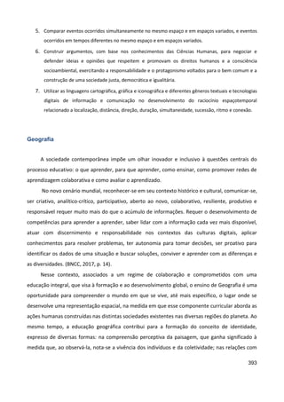 393
5. Comparar eventos ocorridos simultaneamente no mesmo espaço e em espaços variados, e eventos
ocorridos em tempos diferentes no mesmo espaço e em espaços variados.
6. Construir argumentos, com base nos conhecimentos das Ciências Humanas, para negociar e
defender ideias e opiniões que respeitem e promovam os direitos humanos e a consciência
socioambiental, exercitando a responsabilidade e o protagonismo voltados para o bem comum e a
construção de uma sociedade justa, democrática e igualitária.
7. Utilizar as linguagens cartográfica, gráfica e iconográfica e diferentes gêneros textuais e tecnologias
digitais de informação e comunicação no desenvolvimento do raciocínio espaçotemporal
relacionado a localização, distância, direção, duração, simultaneidade, sucessão, ritmo e conexão.
Geografia
A sociedade contemporânea impõe um olhar inovador e inclusivo à questões centrais do
processo educativo: o que aprender, para que aprender, como ensinar, como promover redes de
aprendizagem colaborativa e como avaliar o aprendizado.
No novo cenário mundial, reconhecer-se em seu contexto histórico e cultural, comunicar-se,
ser criativo, analítico-crítico, participativo, aberto ao novo, colaborativo, resiliente, produtivo e
responsável requer muito mais do que o acúmulo de informações. Requer o desenvolvimento de
competências para aprender a aprender, saber lidar com a informação cada vez mais disponível,
atuar com discernimento e responsabilidade nos contextos das culturas digitais, aplicar
conhecimentos para resolver problemas, ter autonomia para tomar decisões, ser proativo para
identificar os dados de uma situação e buscar soluções, conviver e aprender com as diferenças e
as diversidades. (BNCC, 2017, p. 14).
Nesse contexto, associados a um regime de colaboração e comprometidos com uma
educação integral, que visa à formação e ao desenvolvimento global, o ensino de Geografia é uma
oportunidade para compreender o mundo em que se vive, até mais específico, o lugar onde se
desenvolve uma representação espacial, na medida em que esse componente curricular aborda as
ações humanas construídas nas distintas sociedades existentes nas diversas regiões do planeta. Ao
mesmo tempo, a educação geográfica contribui para a formação do conceito de identidade,
expresso de diversas formas: na compreensão perceptiva da paisagem, que ganha significado à
medida que, ao observá-la, nota-se a vivência dos indivíduos e da coletividade; nas relações com
 
