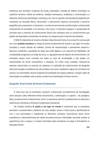 395
problemas que envolvem mudanças de escala, orientação e direção de objetos localizados na
superfície terrestre, efeitos de distância, relações hierárquicas, tendências à centralização e à
dispersão, efeitos da proximidade e vizinhança, etc. Essa é a grande contribuição da Geografia aos
estudantes da Educação Básica: desenvolver o pensamento espacial, estimulando o raciocínio
geográfico para representar e interpretar o mundo em permanente transformação e relacionando
componentes da sociedade e da natureza. Para tanto, é necessário assegurar a apropriação de
conceitos para o domínio do conhecimento fatual (com destaque para os acontecimentos que
podem ser observados e localizados no tempo e no espaço) e para o exercício da cidadania.
O DOC-RJ elaborado de maneira alinhada à Base Nacional Comum Curricular foi estruturado
em cinco unidades temáticas ao longo do Ensino Fundamental (O sujeito e seu lugar no mundo,
Conexões e escala, Mundo do trabalho, Formas de representação e pensamento espacial e
Natureza, ambientes e qualidade de vida), que estão ligados a um conjunto de habilidades, de
complexidade progressiva ao longo dos anos, e a agrupamentos de objetos de conhecimentos. Os
conteúdos devem estar inseridos em todos os anos de escolaridade e não podem ser
representados de forma momentânea e estanque. Em todas essas unidades, destacam-se
aspectos relacionados ao exercício da cidadania e à aplicação de conhecimentos da Geografia
diante de situações e problemas da vida cotidiana, tais como: estabelecer regras de convivência na
escola e na comunidade; discutir propostas de ampliação de espaços públicos; e propor ações de
intervenção na realidade, tudo visando à melhoria da coletividade e do bem comum.
Geografia: Anos Iniciais do Ensino Fundamental
É nessa fase que os estudantes começam a desenvolver procedimentos de investigação,
como pesquisa sobre diferentes fontes documentais, a observação e o registro – de paisagens,
fatos, acontecimentos e depoimentos. Assim, é importante valorizar e problematizar as vivências e
experiências individuais e familiares trazidas pelos estudantes.
Na unidade temática O sujeito e seu lugar no mundo é importante que os estudantes
percebam e compreendam a dinâmica de suas relações sociais e étnico-raciais, identificando-se
com a sua comunidade e respeitando os diferentes contextos socioculturais Dessa forma
possibilita-se o desenvolvimento de noções de pertencimento e identidade, buscando ampliar as
experiências com o espaço e o tempo vivenciados pelos estudantes em jogos e brincadeiras na
Educação Infantil.
 