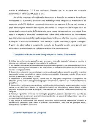 398
ensinar e relacionar-se [...] é um movimento histórico que se encontra em constante
transformação” (PONTUSCHKA, 2009, p. 145).
Discutindo a proposta oferecida pelo documento, a Geografia se aproxima do professor
favorecendo sua autonomia, propondo uma metodologia mais adequada as metamorfoses do
espaço do século XXI. Ainda no contexto do documento, se repensou de forma mais simples, o
papel da educação e do ensino de Geografia, destacando sua a importância da inserção social, do
estudo local, o conhecimento do Rio de Janeiro como espaço transformado e a necessidade de se
adaptar às exigências do mundo contemporâneo. Assim como outras ciências do conhecimento
que sistematizam os dados/informações a respeito dos fenômenos e fortifica conceitos essenciais.
A Geografia se estrutura em conceitos, como o espaço, a região, o território, o lugar e a paisagem.
A partir das observações o componente curricular de Geografia também deve garantir aos
estudantes o desenvolvimento de competências específicas descritas abaixo.
Competências Específicas de Geografia para o Ensino Fundamental
1. Utilizar os conhecimentos geográficos para entender a interação sociedade/ natureza e exercitar o
interesse e o espírito de investigação e de resolução de problemas.
2. Estabelecer conexões entre diferentes temas do conhecimento geográfico, reconhecendo a importância
dos objetos técnicos para a compreensão das formas como os seres humanos fazem uso dos recursos da
natureza ao longo da história.
3. Desenvolver autonomia e senso crítico para compreensão e aplicação do raciocínio geográfico na análise
da ocupação humana e produção do espaço, envolvendo os princípios de analogia, conexão, diferenciação,
distribuição, extensão, localização e ordem.
4. Desenvolver o pensamento espacial, fazendo uso das linguagens cartográficas e iconográficas, de
diferentes gêneros textuais e das geotecnologias para a resolução de problemas que envolvam informações
geográficas.
5. Desenvolver e utilizar processos, práticas e procedimentos de investigação para compreender o mundo
natural, social, econômico, político e o meio técnico-científico e informacional, avaliar ações e propor
perguntas e soluções (inclusive tecnológicas) para questões que requerem conhecimentos científicos da
Geografia.
6. Construir argumentos com base em informações geográficas, debater e defender ideias e pontos de
vista que respeitem e promovam a consciência socioambiental e o respeito à biodiversidade e ao outro,
sem preconceitos de qualquer natureza.
7. Agir pessoal e coletivamente com respeito, autonomia, responsabilidade, flexibilidade, resiliência e
determinação, propondo ações sobre as questões socioambientais, com base em princípios éticos,
democráticos, sustentáveis e solidários.
Quadro de habilidades de Geografia
 