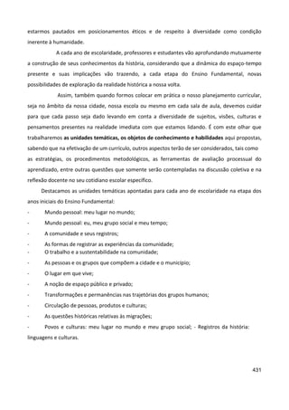 431
estarmos pautados em posicionamentos éticos e de respeito à diversidade como condição
inerente à humanidade.
A cada ano de escolaridade, professores e estudantes vão aprofundando mutuamente
a construção de seus conhecimentos da história, considerando que a dinâmica do espaço-tempo
presente e suas implicações vão trazendo, a cada etapa do Ensino Fundamental, novas
possibilidades de exploração da realidade histórica a nossa volta.
Assim, também quando formos colocar em prática o nosso planejamento curricular,
seja no âmbito da nossa cidade, nossa escola ou mesmo em cada sala de aula, devemos cuidar
para que cada passo seja dado levando em conta a diversidade de sujeitos, visões, culturas e
pensamentos presentes na realidade imediata com que estamos lidando. É com este olhar que
trabalharemos as unidades temáticas, os objetos de conhecimento e habilidades aqui propostas,
sabendo que na efetivação de um currículo, outros aspectos terão de ser considerados, tais como
as estratégias, os procedimentos metodológicos, as ferramentas de avaliação processual do
aprendizado, entre outras questões que somente serão contempladas na discussão coletiva e na
reflexão docente no seu cotidiano escolar específico.
Destacamos as unidades temáticas apontadas para cada ano de escolaridade na etapa dos
anos iniciais do Ensino Fundamental:
- Mundo pessoal: meu lugar no mundo;
- Mundo pessoal: eu, meu grupo social e meu tempo;
- A comunidade e seus registros;
- As formas de registrar as experiências da comunidade;
- O trabalho e a sustentabilidade na comunidade;
- As pessoas e os grupos que compõem a cidade e o município;
- O lugar em que vive;
- A noção de espaço público e privado;
- Transformações e permanências nas trajetórias dos grupos humanos;
- Circulação de pessoas, produtos e culturas;
- As questões históricas relativas às migrações;
- Povos e culturas: meu lugar no mundo e meu grupo social; - Registros da história:
linguagens e culturas.
 