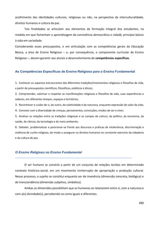 490
acolhimento das identidades culturais, religiosas ou não, na perspectiva da interculturalidade,
direitos humanos e cultura da paz.
Tais finalidades se articulam aos elementos da formação integral dos estudantes, na
medida em que fomentam a aprendizagem da convivência democrática e cidadã, princípio básico
à vida em sociedade.
Considerando esses pressupostos, e em articulação com as competências gerais da Educação
Básica, a área de Ensino Religioso – e, por consequência, o componente curricular de Ensino
Religioso –, devem garantir aos alunos o desenvolvimento de competências específicas.
As Competências Específicas de Ensino Religioso para o Ensino Fundamental
1. Conhecer os aspectos estruturantes das diferentes tradições/movimentos religiosos e filosofias de vida,
a partir de pressupostos científicos, filosóficos, estéticos e éticos;
2. Compreender, valorizar e respeitar as manifestações religiosas e filosofias de vida, suas experiências e
saberes, em diferentes tempos, espaços e territórios;
3. Reconhecer e cuidar de si, do outro, da coletividade e da natureza, enquanto expressão de valor da vida;
4. Conviver com a diversidade de crenças, pensamentos, convicções, modos de ser e viver;
5. Analisar as relações entre as tradições religiosas e os campos da cultura, da política, da economia, da
saúde, da ciência, da tecnologia e do meio ambiente;
6. Debater, problematizar e posicionar-se frente aos discursos e práticas de intolerância, discriminação e
violência de cunho religioso, de modo a assegurar os direitos humanos no constante exercício da cidadania
e da cultura de paz.
O Ensino Religioso no Ensino Fundamental
O ser humano se constrói a partir de um conjunto de relações tecidas em determinado
contexto histórico-social, em um movimento ininterrupto de apropriação e produção cultural.
Nesse processo, o sujeito se constitui enquanto ser de imanência (dimensão concreta, biológica) e
de transcendência (dimensão subjetiva, simbólica).
Ambas as dimensões possibilitam que os humanos se relacionem entre si, com a natureza e
com a(s) divindade(s), percebendo-se como iguais e diferentes.
 