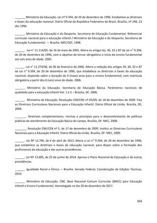 504
______. Ministério da Educação. Lei nº 9.394, de 20 de dezembro de 1996. Estabelece as diretrizes
e bases da educação nacional. Diário Oficial da República Federativa do Brasil, Brasília, nº 248, 23
dez 1996.
______. Ministério da Educação e do Desporto. Secretaria de Educação Fundamental. Referencial
curricular nacional para a educação infantil / Ministério da Educação e do Desporto, Secretaria de
Educação Fundamental. — Brasília: MEC/SEF, 1998.
______. Lei n° 11.114/05, de 16 de maio de 2005. Altera os artigos 6o, 30, 32 e 87 da Lei no
9.394,
de 20 de dezembro de 1996, com o objetivo de tornar obrigatório o início do ensino fundamental
aos seis anos de idade. 2005.
______. Lei n° 11.274/06, de 06 de fevereiro de 2006. Altera a redação dos artigos 29, 30, 32 e 87
da Lei no
9.394, de 20 de dezembro de 1996, que estabelece as diretrizes e bases da educação
nacional, dispondo sobre a duração de 9 (nove) anos para o ensino fundamental, com matrícula
obrigatória a partir dos 6 (seis) anos de idade. 2006.
______. Ministério da Educação. Secretaria de Educação Básica. Parâmetros nacionais de
qualidade para a educação infantil Vol. 1 e 2 – Brasília, DF, 2006.
______. Ministério da Educação. Resolução CEB/CNE nº 05/09, de 18 de dezembro de 2009. Fixa
as Diretrizes Curriculares Nacionais para a Educação Infantil. Diário Oficial da União. Brasília, DF,
2009.
_______. Diretrizes complementares, normas e princípios para o desenvolvimento de políticas
públicas de atendimento da Educação Básica do campo, Brasília, DF: MEC, 2008.
_______. Resolução CNE/CEB nº 5, de 17 de dezembro de 2009. Institui as Diretrizes Curriculares
Nacionais para a Educação Infantil. Diário Oficial da União, Brasília, DF: MEC, 2009.
______. Lei Nº 12.796, de 4 de abril de 2013. Altera a Lei no
9.394, de 20 de dezembro de 1996,
que estabelece as diretrizes e bases da educação nacional, para dispor sobre a formação dos
profissionais da educação e dar outras providências.
______. Lei Nº 13.005, de 25 de junho de 2014. Aprova o Plano Nacional de Educação e dá outras
providências.
______. Igualdade Racial e Étnica. – Brasília: Senado Federal, Coordenação de Edições Técnicas,
2016.
______. Ministério da Educação. CNE. Base Nacional Comum Curricular (BNCC) para Educação
Infantil e Ensino Fundamental. Homologada no dia 20 de dezembro de 2017.
 