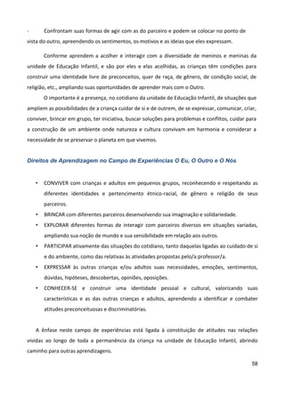 58
- Confrontam suas formas de agir com as do parceiro e podem se colocar no ponto de
vista do outro, apreendendo os sentimentos, os motivos e as ideias que eles expressam.
Conforme aprendem a acolher e interagir com a diversidade de meninos e meninas da
unidade de Educação Infantil, e são por eles e elas acolhidas, as crianças têm condições para
construir uma identidade livre de preconceitos, quer de raça, de gênero, de condição social, de
religião, etc., ampliando suas oportunidades de aprender mais com o Outro.
O importante é a presença, no cotidiano da unidade de Educação Infantil, de situações que
ampliem as possibilidades de a criança cuidar de si e de outrem, de se expressar, comunicar, criar,
conviver, brincar em grupo, ter iniciativa, buscar soluções para problemas e conflitos, cuidar para
a construção de um ambiente onde natureza e cultura convivam em harmonia e considerar a
necessidade de se preservar o planeta em que vivemos.
Direitos de Aprendizagem no Campo de Experiências O Eu, O Outro e O Nós
• CONVIVER com crianças e adultos em pequenos grupos, reconhecendo e respeitando as
diferentes identidades e pertencimento étnico-racial, de gênero e religião de seus
parceiros.
• BRINCAR com diferentes parceiros desenvolvendo sua imaginação e solidariedade.
• EXPLORAR diferentes formas de interagir com parceiros diversos em situações variadas,
ampliando sua noção de mundo e sua sensibilidade em relação aos outros.
• PARTICIPAR ativamente das situações do cotidiano, tanto daquelas ligadas ao cuidado de si
e do ambiente, como das relativas às atividades propostas pelo/a professor/a.
• EXPRESSAR às outras crianças e/ou adultos suas necessidades, emoções, sentimentos,
dúvidas, hipóteses, descobertas, opiniões, oposições.
• CONHECER-SE e construir uma identidade pessoal e cultural, valorizando suas
características e as das outras crianças e adultos, aprendendo a identificar e combater
atitudes preconceituosas e discriminatórias.
A ênfase neste campo de experiências está ligada à constituição de atitudes nas relações
vividas ao longo de toda a permanência da criança na unidade de Educação Infantil, abrindo
caminho para outras aprendizagens.
 
