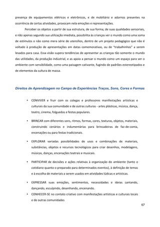 67
presença de equipamentos elétricos e eletrônicos, e de mobiliário e adornos presentes na
ocorrência de certas atividades, provocam nela emoções e representações.
Perceber os objetos a partir de sua estrutura, de sua forma, de suas qualidades sensoriais,
e não apenas segundo sua utilização imediata, possibilita às crianças ver o mundo como uma soma
de estímulos e não como mera série de utensílios, dentro de um projeto pedagógico que não é
voltado à produção de apresentações em datas comemorativas, ou de “trabalhinhos” a serem
levados para casa. Essa visão supera tendências de apresentar as crianças tão somente o mundo
das utilidades, da produção industrial, e as apoia a pensar o mundo como um espaço para ver o
ambiente com sensibilidade, como uma paisagem cativante, fugindo de padrões estereotipados e
de elementos da cultura de massa.
Direitos de Aprendizagem no Campo de Experiências Traços, Sons, Cores e Formas
• CONVIVER e fruir com os colegas e professores manifestações artísticas e
culturais da sua comunidade e de outras culturas - artes plásticas, música, dança,
teatro, cinema, folguedos e festas populares.
• BRINCAR com diferentes sons, ritmos, formas, cores, texturas, objetos, materiais,
construindo cenários e indumentárias para brincadeiras de faz-de-conta,
encenações ou para festas tradicionais.
• EXPLORAR variadas possibilidades de usos e combinações de materiais,
substâncias, objetos e recursos tecnológicos para criar desenhos, modelagens,
músicas, danças, encenações teatrais e musicais.
• PARTICIPAR de decisões e ações relativas à organização do ambiente (tanto o
cotidiano quanto o preparado para determinados eventos), à definição de temas
e à escolha de materiais a serem usados em atividades lúdicas e artísticas.
• EXPRESSAR suas emoções, sentimentos, necessidades e ideias cantando,
dançando, esculpindo, desenhando, encenando.
• CONHECER-SE no contato criativo com manifestações artísticas e culturais locais
e de outras comunidades
 