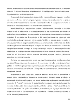 70
canções, e também a partir da escuta e dramatização de histórias e da participação na produção
de textos escritos. Apropriando-se desses elementos, as crianças podem criar novos gestos, falas,
histórias e escritas, convencionais ou não.
A capacidade de criança construir representações e expressá-las pela linguagem verbal se
desenvolve conforme a criança interage com pessoas mais experientes e busca captar os signos e
símbolos construídos socialmente, presentes nos comportamentos de seus parceiros humanos e
expressos na oralidade ou na escrita no ambiente em que ela convive.
A linguagem oral (ou a língua de sinais) atravessa todo o cotidiano das crianças na Educação
Infantil. Através da oralidade (ou da vocalização e sinalização, no caso de crianças com deficiência
auditiva) as crianças expressam vontades, desejos, fazem perguntas, contam casos, concordam ou
discordam de um colega ou da professora e são muito interessadas no efeito que suas
manifestações verbais provocam em outras pessoas. Também as falas dos parceiros adultos e
crianças, de artistas em programas de televisão ou de personagens das histórias lidas são objeto
de observação curiosa e de imitação pelas crianças e lhes abrem um universo maior de fontes de
apropriação da oralidade (ou língua de sinais). Sua aquisição assegura às crianças a possibilidade
de participar de situações cotidianas onde podem comunicar-se, conversar, ouvir histórias, narrar,
contar um fato, brincar com palavras, expressar sua opinião, comparar conceitos, construindo
estratégias para conhecer o mundo.
A criança, por sua vez, conforme amplia suas experiências na cultura, percebe que muitas
vezes os adultos com quem convive se ocupam de compreender instruções em embalagens, fazer
pedidos ou dar informações por meio de grafismos, que se referem à linguagem escrita, carregada
de novas características, que estimulam a criança a buscar compreender seu funcionamento no
contexto em que vive.
A denominação deste campo busca evidenciar a estreita relação entre os atos de falar e
escutar com a constituição da linguagem e do pensamento humanos, desde a infância. A
aproximação de diferentes linguagens traz para o cotidiano das unidades de Educação Infantil
momentos de “escutar”, no sentido de produzir/acolher mensagens orais, gestuais, corporais,
musicais, plásticas, além das mensagens trazidas por textos escritos, e “falar”, entendido como
expressar/interpretar não apenas pela oralidade, mas também pela linguagem de sinais, pela
escrita convencional ou não convencional, pela escrita braile, e também pelas danças, desenhos e
outras manifestações expressivas.
 