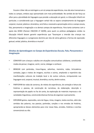 71
Escutar e falar não se restringem a um só campo de experiências, mas são atos transversais a
todos os campos, embora aqui apresentado com mais profundidade. No sentido de dar força ao
olhar para a pluralidade de linguagens que preside a educação em geral, e a Educação Infantil em
particular, e considerando que a linguagem verbal não se separa completamente da linguagem
corporal, musical, plástica e dramática, será feita a necessária aproximação entre o campo escuta,
fala, pensamento e imaginação e os demais campos de experiências. Para tanto contamos com o
apoio das DCNEI (Parecer CNE/CEB nº 20/09), para quem as práticas pedagógicas vividas na
Educação Infantil devem garantir experiências que "favoreçam a imersão das crianças nas
diferentes linguagens e o progressivo domínio por elas de vários gêneros e formas de expressão:
gestual, verbal, plástica, dramática e musical".
Direitos de Aprendizagem no Campo de Experiências Escuta, Fala, Pensamento e
Imaginação
• CONVIVER com crianças e adultos em situações comunicativas cotidianas, constituindo
modos de pensar, imaginar, sentir, narrar, dialogar e conhecer.
• BRINCAR com parlendas, trava-línguas, adivinhas, memória, rodas, brincadeiras
cantadas, jogos e textos de imagens, escritos e outros, ampliando o repertório das
manifestações culturais da tradição local e de outras culturas, enriquecendo sua
linguagem oral, corporal, musical, dramática, escrita, dentre outras.
• PARTICIPAR de rodas de conversa, de relatos de experiências, de contação e leitura de
histórias e poesias, de construção de narrativas, da elaboração, descrição e
representação de papéis no faz de conta, da exploração de materiais impressos e de
variedades linguísticas, construindo diversas formas de organizar o pensamento.
• EXPLORAR gestos, expressões, sons da língua, rimas, imagens, textos escritos, além dos
sentidos das palavras, nas poesias, parlendas, canções e nos enredos de histórias,
apropriando-se desses elementos para criar novas falas, enredos, histórias e escritas
convencionais ou não.
 