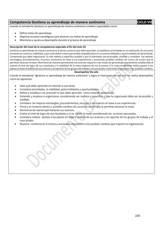 229
Competencia Gestiona su aprendizaje de manera autónoma CICLO VII
Cuando el estudiante Gestiona su aprendizaje de manera autónoma combina capacidades como:
 Define metas de aprendizaje
 Organiza acciones estratégicas para alcanzar sus metas de aprendizaje
 Monitorea y ajusta su desempeño durante el proceso de aprendizaje
Descripción del nivel de la competencia esperado al fin del ciclo VII
Gestiona su aprendizaje de manera autónoma al darse cuenta lo que debe aprender, al establecer prioridades en la realización de una tarea
tomando en cuenta su viabilidad, y por ende definir metas personales respaldándose en sus potencialidades y oportunidades de aprendizaje.
Comprende que debe organizarse lo más realista y específico posible y que lo planteado sea alcanzable, medible y considere las mejores
estrategias, procedimientos, recursos, escenarios en base a sus experiencias y previendo posibles cambios de cursos de acción que le
permitan alcanzar la meta. Monitorea de manera permanente sus avances respecto a las metas de aprendizaje previamente establecidas al
evaluar el nivel de logro de sus resultados y la viabilidad de la meta respecto de sus acciones, si lo cree conveniente realiza ajustes a los
planes en base al análisis de sus avances y los aportes de los grupos de trabajo y el suyo propio mostrando disposición a los posibles cambios.
Desempeños 5to año
Cuando el estudiante “gestiona su aprendizaje de manera autónoma” y logra el nivel esperado del ciclo VII realiza desempeños
como los siguientes:
 Sabe qué debe aprender en relación a una tarea.
 Considera prioridades, la viabilidad, potencialidades y oportunidades.
 Define y establece con precisión lo que debe aprender como meta de aprendizaje.
 Entiende y empieza a organizarse considerando ser realista y específico y que lo organizado deba ser alcanzable y
medible.
 Considera las mejores estrategias, procedimientos, recursos y escenarios en base a sus experiencias.
 Prevé y se muestra atento a posibles cambios de cursos de acción que le permitan alcanzar la meta.
 Monitorea de manera permanente sus avances.
 Evalúa el nivel de logro de sus resultados y si es viable la meta considerando las acciones ejecutadas.
 Considera realizar ajustes a los planes en base al análisis de sus avances y los aportes de los grupos de trabajo y el
suyo propio.
 Muestra confianza en sí mismo y una buena disposición a los posibles cambios que mejoren la organización.
 