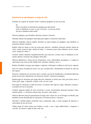 Competências Específicas – Geografia




Experiências de aprendizagem ao longo do ciclo

Formular um conjunto de questões sobre o ambiente geográfico da área da escola.

       Ex.:
       Onde se localizam os elementos da paisagem que observamos?
       Como se distribuem as casas, as ruas, as árvores... na área da escola?
       Por que se distribuem deste modo?

Observar paisagens, para identificar elementos naturais e humanos.

Desenhar esboços das paisagens observadas para registar os elementos observados.

Observar fotografias, esboços simples, desenhos ou outras imagens de paisagens, para identificar os
elementos naturais e humanos.

Realizar visitas de estudo na área da escola para observar e identificar elementos naturais (formas de
relevo, rochas, cursos de água, estados de tempo...) e humanos (casas, lojas, indústrias, vias de comuni-
cação, campos de cultura...).

Construir cartazes utilizando fotografias/desenhos para descrever a forma como se distribuem os ele-
mentos naturais e humanos das paisagens observadas.

Observar diariamente o tempo que faz (temperatura, vento, nebulosidade, precipitação...) e registar as
observações num cartaz da sala (utilizar fotos, desenhos, símbolos, cores....).

Realizar actividades em grupo para registar e organizar a informação recolhida no meio local e regional.

Fazer um esboço da planta da escola e da casa, reconhecendo e identificando as funções de cada um
dos espaços.

Descrever verbalmente de uma forma clara o caminho casa-escola, identificando e localizando diferentes
pontos do percurso relativamente aos elementos naturais e humanos da paisagem.

Realizar jogos de orientação para seguir direcções, utilizando os termos para cima, para baixo, atrás, à
frente, perto, longe, à esquerda, à direita, norte, sul, este e oeste.

Fazer jogos de orientação no pátio da escola e ou durante uma saída de campo, utilizando a bússola e
as posições do Sol no horizonte.

Construir maquetas simples do meio envolvente à escola, representando elementos humanos (casas,
estradas, jardins...) e elementos naturais (rios, elevações, vales, praias...).

Observar diferentes tipos de representações do lugar onde o aluno vive ou de Portugal e do Mundo, para
identificar formas diversificadas de representar os fenómenos físicos e humanos.

Descobrir e localizar lugares conhecidos (ruas, cruzamentos, lojas, a escola, paragem de autocarro...)
numa planta da área da escola.

Utilizar mapas de várias escalas para localizar a escola, a casa, o lugar (aldeia/bairro), a freguesia, o
concelho, em relação à região do país onde vive.




                                                    114
 