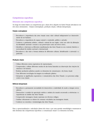 Currículo Nacional do Ensino Básico – Competências Essenciais




Competências específicas

Dimensões das competências específicas
Ao longo do ensino básico as competências que o aluno deve adquirir em Aartes Visuais articulam-se em
três eixos estruturantes – fruição-contemplação, produção-criação, reflexão-interpretação.

Fruição-contemplação


   • Reconhecer a importância das artes visuais como valor cultural indispensável ao desenvolvi-
     mento do ser humano;
   • Reconhecer a importância do espaço natural e construído, público e privado;
   • Conhecer o património artístico, cultural e natural da sua região, como um valor da afirmação
     da identidade nacional e encarar a sua preservação como um dever cívico;
   • Identificar e relacionar as diferentes manifestações das Artes Visuais no seu contexto histórico e
     sociocultural de âmbito nacional e internacional;
   • Reconhecer e dar valor a formas artísticas de diferentes culturas, identificando o universal e o
     particular.



Produção-criação

   • Utilizar diferentes meios expressivos de representação;
   • Compreender e utilizar diferentes modos de dar forma baseados na observação das criações da
     natureza e do homem;
   • Realizar produções plásticas usando os elementos da comunicação e da forma visual;
   • Usar diferentes tecnologias da imagem na realização plástica;
   • Interpretar os significados expressivos e comunicativos das Artes Visuais e os processos subja-
     centes à sua criação.


Reflexão-interpretação

   • Reconhecer a permanente necessidade de desenvolver a criatividade de modo a integrar novos
     saberes;
   • Desenvolver o sentido de apreciação estética e artística do mundo recorrendo a referências e a
     experiências no âmbito das Artes Visuais;
   • Compreender mensagens visuais expressas em diversos códigos;
   • Analisar criticamente os valores de consumo veiculados nas mensagens visuais;
   • Conhecer os conceitos e terminologias das Artes Visuais.



Para a operacionalização e articulação destes três eixos e por uma questão metodológica enumeram-se
dois domínios das competências especificas: a comunicação visual e os elementos da forma.




                                                   157
 