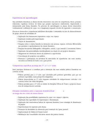 Currículo Nacional do Ensino Básico – Competências Essenciais




Experiências de aprendizagem

Nas actividades dramáticas os alunos deverão desenvolver uma série de competências, físicas, pessoais,
relacionais, cognitivas, técnicas, de forma que possam expressar-se criativamente, improvisando e
interpretando pela forma dramática. No processo de aprendizagem os alunos devem desenvolver
continuamente a utilização do corpo, voz e imaginação enquanto veículos de expressão e comunicação.

Procura-se desenvolver competências individuais alicerçadas e sustentadas no seio do desenvolvimento
do grupo, através de actividades de:
      • Exploração dos instrumentos expressivos: corpo, voz, espaço;
      • Exploração temática pela improvisação;
      • Criação de dramatizações;
      • Pesquisa activa e criativa baseada na interacção com pessoas, espaços, vivências diferenciadas
        que permitam o aprofundamento da criação dramática;
      • Pesquisa documental (bibliográfica, videográfica, sonora...) que estimule o crescimento criativo;
      • Exploração das potencialidades interdisciplinares na criação de um projecto dramático;
      • Alargamento de referências através da assistência a espectáculos;
      • Concretização de projectos com público;
      • Promoção e participação em iniciativas de intercâmbio de experiências, tais como mostras,
        encontros ou festivais de teatro com e para jovens.


Competências específicas ao longo dos 1.º, 2.º e 3.º ciclos

Estes princípios destinam-se a contribuir para a orientação das mais variadas práticas dramáticas em
contexto escolar:

      • Práticas previstas para o 1.º ciclo, quer orientadas pelo professor generalista, quer por um
        professor especialista, numa perspectiva integradora;
      • Práticas desenvolvidas no 2.º ciclo enquanto actividades de enriquecimento curricular e do
        contexto lectivo das várias disciplinas;
      • Práticas previstas para o 3.º ciclo no âmbito da disciplina Oficina de Teatro e projectos dramá-
        ticos de enriquecimento curricular.


Princípios orientadores para a expressão dramática/teatr                          o
ao longo dos três ciclos do ensino básico:

      • Exploração das possibilidades expressivas do corpo, voz, espaço e objectos;
      • Exploração das capacidades de improvisação e dramatização;
      • Exploração das características lúdicas da expressão dramática como estratégia de dinamização
        de grupos;
      • Experimentação da expressão pelo drama;
      • Promoção da diversidade de referências para construção do "gosto pessoal";
      • Implementação de hábitos de fruição teatral;
      • Mobilização das comunidades educativas através das práticas teatrais.


                                                  179
 