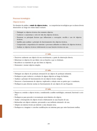 Competências Específicas – Educação Tecnológica




Processo tecnológico
Objecto técnico

No domínio da análise e estudo do objecto técnico,      as competências tecnológicas que os alunos devem
desenvolver ao longo do ensino básico incluem


    • Distinguir os objectos técnicos dos restantes objectos,
    • Conhecer e caracterizar o ciclo de vida dos objectos técnicos,
    • Enumerar os principais factores que influenciam a concepção, escolha e uso de objectos
      técnicos,
    • Aptidão para analisar o princípio do funcionamento dos objectos técnicos,
    • Compreender a importância de materiais e processos utilizados no fabrico de objectos técnicos;
    • Analisar os objectos técnicos relativamente às suas funções técnicas em uso.



                                                  1.º ciclo

• Descrever oralmente um objecto do seu envolvimento, a partir da observação directa,
• Relacionar os objectos de uso diário com as funções a que se destinam,
• Reconhecer os materiais de que são feitos os objectos,
• Desmontar e montar objectos simples.


                                                  2.º ciclo

• Distinguir um objecto de produção artesanal de um objecto de produção industrial,
• Predispor-se para conhecer a evolução de alguns objectos ao longo da história,
• Analisar o princípio de funcionamento de um objecto técnico simples,
• Descrever o funcionamento de objectos, explicando a relação entre as partes que o constituem,
• Predispor-se para detectar avarias no funcionamento de um objecto de uso frequente.


                                                  3.º ciclo

• Dispor-se a estudar o objecto técnico, considerando a análise morfológica, estrutural, funcional e a téc-
  nica,
• Predispor-se para proceder à reconstrução sócio-histórica do objecto,
• Avaliar o desempenho do objecto técnico relativamente às suas funções de uso,
• Redesenhar um objecto existente, procurando a sua melhoria estrutural e de uso,
• Adaptar um sistema técnico já existente a uma situação nova,
• Predispor-se a imaginar e conceber modificações em sistemas para que estes funcionem melhor.




                                                     198
 