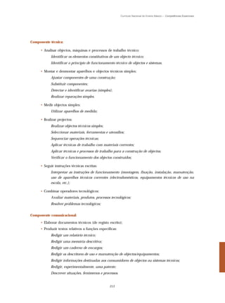 Currículo Nacional do Ensino Básico – Competências Essenciais




Componente técnica:

     • Analisar objectos, máquinas e processos de trabalho técnico:
           Identificar os elementos constitutivos de um objecto técnico;
           Identificar o princípio de funcionamento técnico de objectos e sistemas.

     • Montar e desmontar aparelhos e objectos técnicos simples:
           Ajustar componentes de uma construção;
           Substituir componentes;
           Detectar e identificar avarias (simples);
           Realizar reparações simples.

     • Medir objectos simples:
           Utilizar aparelhos de medida;

     • Realizar projectos:
           Realizar objectos técnicos simples;
           Seleccionar materiais, ferramentas e utensílios;
           Sequenciar operações técnicas;
           Aplicar técnicas de trabalho com materiais correntes;
           Aplicar técnicas e processos de trabalho para a construção de objectos;
           Verificar o funcionamento dos objectos construídos;

     • Seguir instruções técnicas escritas:
           Interpretar as instruções de funcionamento (montagem, fixação, instalação, manutenção,
           uso de aparelhos técnicos correntes (electrodomésticos, equipamentos técnicos de uso na
           escola, etc.);

     • Combinar operadores tecnológicos:
            Avaliar materiais, produtos, processos tecnológicos;
           Resolver problemas tecnológicos;


Componente comunicacional:

     • Elaborar documentos técnicos (de registo escrito);
     • Produzir textos relativos a funções específicas:
           Redigir um relatório técnico;
           Redigir uma memória descritiva;
           Redigir um caderno de encargos;
           Redigir os descritores de uso e manutenção de objectos/equipamentos;
           Redigir informações destinadas aos consumidores de objectos ou sistemas técnicos;
           Redigir, experimentalmente, uma patente;
           Descrever situações, fenómenos e processos.


                                                  213
 
