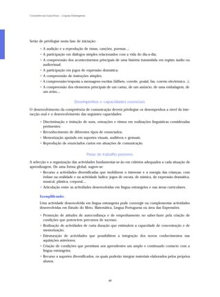 Competências Específicas – Línguas Estrangeiras




Serão de privilegiar nesta fase de iniciação:

        • A audição e a reprodução de rimas, canções, poemas...;
        • A participação em diálogos simples relacionados com a vida do dia-a-dia;
        • A compreensão dos acontecimentos principais de uma história transmitida em registo áudio ou
          audiovisual;
        • A participação em jogos de expressão dramática;
        • A compreensão de instruções simples;
        • A compreensão/resposta a mensagens escritas (bilhete, convite, postal, fax, correio electrónico...);
        • A compreensão dos elementos principais de um cartaz, de um anúncio, de uma embalagem, de
          um aviso,...

                                     Desempenhos e capacidades essenciais
O desenvolvimento da competência de comunicação deverá privilegiar os desempenhos a nível da inte-
racção oral e o desenvolvimento das seguintes capacidades:

        • Discriminação e imitação de sons, entoações e ritmos em realizações linguísticas consideradas
          pertinentes;
        • Reconhecimento de diferentes tipos de enunciados;
        • Memorização apoiada em suportes visuais, auditivos e gestuais;
        • Reprodução de enunciados curtos em situações de comunicação.


                                                  Pistas de trabalho possíveis
A selecção e a organização das actividades fundamentar-se-ão em critérios adequados a cada situação de
aprendizagem. De uma forma global, sugere-se:
        • Recurso a actividades diversificadas que mobilizem o interesse e a energia das crianças, com
          ênfase na oralidade e na actividade lúdica: jogos de escuta, de mímica, de expressão dramática,
          musical, plástica, corporal,...
        • Articulação entre as actividades desenvolvidas em língua estrangeira e nas áreas curriculares.

        Exemplificando:
        Uma actividade desenvolvida em língua estrangeira pode convergir ou complementar actividades
        desenvolvidas em Estudo do Meio, Matemática, Língua Portuguesa ou área das Expressões.

        • Promoção de atitudes de autoconfiança e de empenhamento no saber-fazer pela criação de
          condições que potenciem percursos de sucesso;
        • Realização de actividades de curta duração que estimulem a capacidade de concentração e de
          memorização;
        • Estruturação de actividades que possibilitem a integração dos novos conhecimentos nas
          aquisições anteriores;
        • Criação de condições que permitam aos aprendentes um amplo e continuado contacto com a
          língua estrangeira;
        • Recurso a suportes diversificados, os quais poderão integrar materiais elaborados pelos próprios
          alunos.




                                                               46
 