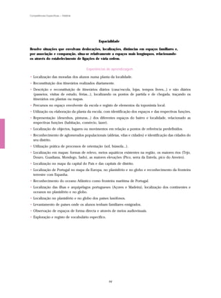 Competências Específicas – História




                                              Espacialidade

Resolve situações que envolvam deslocações, localizações, distâncias em espaços familiares e,
por associação e comparação, situa-se relativamente a espaços mais longínquos, relacionando-
os através do estabelecimento de ligações de vária ordem.

                                      Experiências de aprendizagem

• Localização das moradas dos alunos numa planta da localidade.
• Reconstituição dos itinerários realizados diariamente.
• Descrição e reconstituição de itinerários diários (casa/escola, lojas, tempos livres...) e não diários
  (passeios, visitas de estudo, férias...), localizando os pontos de partida e de chegada, traçando os
  itinerários em plantas ou mapas.
• Percursos no espaço envolvente da escola e registo de elementos da toponímia local.
• Utilização ou elaboração da planta da escola, com identificação dos espaços e das respectivas funções.
• Representação (desenhos, pinturas...) dos diferentes espaços do bairro e localidade, relacionado as
  respectivas funções (habitação, comércio, lazer).
• Localização de objectos, lugares ou movimentos em relação a pontos de referência predefinidos.
• Reconhecimento de aglomerados populacionais (aldeias, vilas e cidades) e identificação das cidades do
  seu distrito.
• Utilização prática de processos de orientação (sol, bússola...).
• Localização em mapas: formas de relevo, meios aquáticos existentes na região, os maiores rios (Tejo,
  Douro, Guadiana, Mondego, Sado), as maiores elevações (Pico, serra da Estrela, pico do Areeiro).
• Localização no mapa da capital do País e das capitais de distrito.
• Localização de Portugal no mapa da Europa, no planisfério e no globo e reconhecimento da fronteira
  terrestre com Espanha.
• Reconhecimento do oceano Atlântico como fronteira marítima de Portugal.
• Localização das ilhas e arquipélagos portugueses (Açores e Madeira), localização dos continentes e
  oceanos no planisfério e no globo.
• Localização no planisfério e no globo dos países lusófonos.
• Levantamento de países onde os alunos tenham familiares emigrados.
• Observação de espaços de forma directa e através de meios audiovisuais.
• Exploração e registo de vocabulário específico.




                                                    94
 