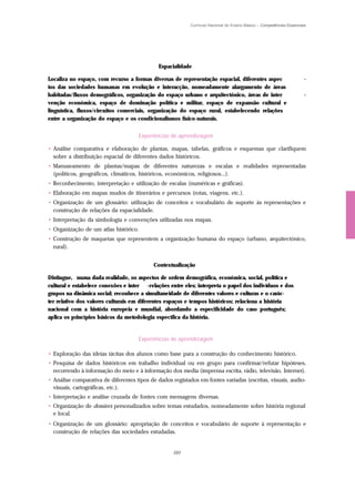 Currículo Nacional do Ensino Básico – Competências Essenciais




                                             Espacialidade

Localiza no espaço, com recurso a formas diversas de representação espacial, diferentes aspec                          -
tos das sociedades humanas em evolução e interacção, nomeadamente alargamento de áreas
habitadas/fluxos demográficos, organização do espaço urbano e arquitectónico, áreas de inter                           -
venção económica, espaço de dominação política e militar, espaço de expansão cultural e
linguística, fluxos/circuitos comerciais, organização do espaço rural, estabelecendo relações
entre a organização do espaço e os condicionalismos fìsico-naturais.


                                     Experiências de aprendizagem

• Análise comparativa e elaboração de plantas, mapas, tabelas, gráficos e esquemas que clarifiquem
  sobre a distribuição espacial de diferentes dados históricos.
• Manuseamento de plantas/mapas de diferentes naturezas e escalas e realidades representadas
  (políticos, geográficos, climáticos, históricos, económicos, religiosos...).
• Reconhecimento, interpretação e utilização de escalas (numéricas e gráficas).
• Elaboração em mapas mudos de itinerários e percursos (rotas, viagens, etc.).
• Organização de um glossário: utilização de conceitos e vocabulário de suporte às representações e
  construção de relações da espacialidade.
• Interpretação da simbologia e convenções utilizadas nos mapas.
• Organização de um atlas histórico.
• Construção de maquetas que representem a organização humana do espaço (urbano, arquitectónico,
  rural).


                                           Contextualização

Distingue, numa dada realidade, os aspectos de ordem demográfica, económica, social, política e
cultural e estabelece conexões e inter - relações entre eles; interpreta o papel dos indivíduos e dos
grupos na dinâmica social; reconhece a simultaneidade de diferentes valores e culturas e o carác-
ter relativo dos valores culturais em diferentes espaços e tempos históricos; relaciona a história
nacional com a história europeia e mundial, abordando a especificidade do caso português;
aplica os princípios básicos da metodologia específica da história.


                                     Experiências de aprendizagem

• Exploração das ideias tácitas dos alunos como base para a construção do conhecimento histórico.
• Pesquisa de dados históricos em trabalho individual ou em grupo para confirmar/refutar hipóteses,
  recorrendo à informação do meio e à informação dos media (imprensa escrita, rádio, televisão, Internet).
• Análise comparativa de diferentes tipos de dados registados em fontes variadas (escritas, visuais, audio-
  visuais, cartográficas, etc.).
• Interpretação e análise cruzada de fontes com mensagens diversas.
• Organização de dossiers personalizados sobre temas estudados, nomeadamente sobre história regional
  e local.
• Organização de um glossário: apropriação de conceitos e vocabulário de suporte à representação e
  construção de relações das sociedades estudadas.


                                                   101
 