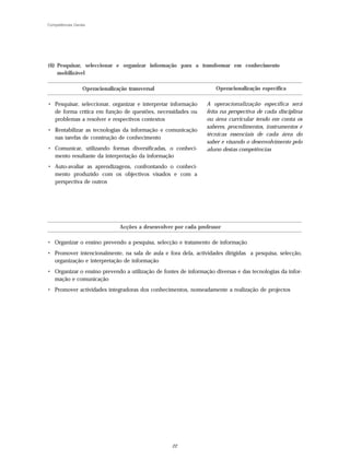 Competências Gerais




(6) Pesquisar, seleccionar e organizar informação para a transformar em conhecimento
    mobilizável

                 Operacionalização transversal                       Operacionalização específica

• Pesquisar, seleccionar, organizar e interpretar informação     A operacionalização específica será
  de forma crítica em função de questões, necessidades ou        feita na perspectiva de cada disciplina
  problemas a resolver e respectivos contextos                   ou área curricular tendo em conta os
                                                                 saberes, procedimentos, instrumentos e
• Rentabilizar as tecnologias da informação e comunicação
                                                                 técnicas essenciais de cada área do
  nas tarefas de construção de conhecimento
                                                                 saber e visando o desenvolvimento pelo
• Comunicar, utilizando formas diversificadas, o conheci-        aluno destas competências
  mento resultante da interpretação da informação
• Auto-avaliar as aprendizagens, confrontando o conheci-
  mento produzido com os objectivos visados e com a
  perspectiva de outros




                                Acções a desenvolver por cada professor

• Organizar o ensino prevendo a pesquisa, selecção e tratamento de informação
• Promover intencionalmente, na sala de aula e fora dela, actividades dirigidas a pesquisa, selecção,
  organização e interpretação de informação
• Organizar o ensino prevendo a utilização de fontes de informação diversas e das tecnologias da infor-
  mação e comunicação
• Promover actividades integradoras dos conhecimentos, nomeadamente a realização de projectos




                                                    22
 