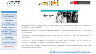 La evaluación formativa y los estándares de aprendizaje son dos novedades de la versión actual del Currículo
Nacional de la Educación Básica.
La evaluación formativa es aquella centrada en retroalimentar al estudiante y hacerlo partícipe de la mejora de
sus aprendizajes.
Los estándares describen lo que un estudiante debe ser capaz de realizar a partir del desarrollo de sus
competencias.
El currículo no señala metodologías de enseñanza para lograr dichos estándares, sino que explicita los
aprendizajes mínimos y, en esa línea, es una guía para la labor docente.
Para sugerir dichas metodologías y formas de evaluación, contaremos con otro tipo de herramientas curriculares
que permitirán esclarecer dudas.
http://www.minedu.gob.pe/curriculo/actualizacion.php
Currículo Nacional de la
Educación Básica
Su elaboración
Perfil
de egreso de EBR
Enfoques transversales
La competencia –
capacidades – estándares
de aprendizaje y
desempeños
Conocimientos –
habilidades – actitudes
Organización de EBR
Ideas generales
 