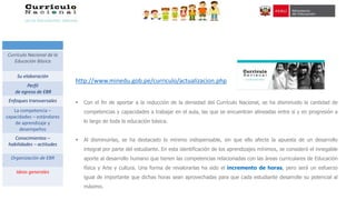  Con el fin de aportar a la reducción de la densidad del Currículo Nacional, se ha disminuido la cantidad de
competencias y capacidades a trabajar en el aula, las que se encuentran alineadas entre sí y en progresión a
lo largo de toda la educación básica.
 Al disminuirlas, se ha destacado lo mínimo indispensable, sin que ello afecte la apuesta de un desarrollo
integral por parte del estudiante. En esta identificación de los aprendizajes mínimos, se consideró el innegable
aporte al desarrollo humano que tienen las competencias relacionadas con las áreas curriculares de Educación
física y Arte y cultura. Una forma de revalorarlas ha sido el incremento de horas, pero será un esfuerzo
igual de importante que dichas horas sean aprovechadas para que cada estudiante desarrolle su potencial al
máximo.
http://www.minedu.gob.pe/curriculo/actualizacion.php
Currículo Nacional de la
Educación Básica
Su elaboración
Perfil
de egreso de EBR
Enfoques transversales
La competencia –
capacidades – estándares
de aprendizaje y
desempeños
Conocimientos –
habilidades – actitudes
Organización de EBR
Ideas generales
 