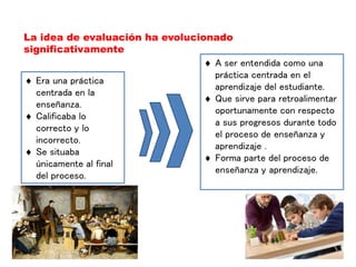 La idea de evaluación ha evolucionado
significativamente
 Era una práctica
centrada en la
enseñanza.
 Calificaba lo
correcto y lo
incorrecto.
 Se situaba
únicamente al final
del proceso.
 A ser entendida como una
práctica centrada en el
aprendizaje del estudiante.
 Que sirve para retroalimentar
oportunamente con respecto
a sus progresos durante todo
el proceso de enseñanza y
aprendizaje .
 Forma parte del proceso de
enseñanza y aprendizaje.
 