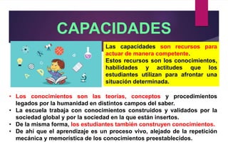 CAPACIDADES
Las capacidades son recursos para
actuar de manera competente.
Estos recursos son los conocimientos,
habilidades y actitudes que los
estudiantes utilizan para afrontar una
situación determinada.
• Los conocimientos son las teorías, conceptos y procedimientos
legados por la humanidad en distintos campos del saber.
• La escuela trabaja con conocimientos construidos y validados por la
sociedad global y por la sociedad en la que están insertos.
• De la misma forma, los estudiantes también construyen conocimientos.
• De ahí que el aprendizaje es un proceso vivo, alejado de la repetición
mecánica y memorística de los conocimientos preestablecidos.
 