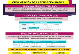 ORGANIZACIÓN DE LA EDUCACIÓN BÁSICA
EDUCACIÓN BÁSICA ESPECIAL (EBE)
Es la modalidad encargada de atender, desde un enfoque inclusivo, a las niñas, niños y jóvenes con
necesidades educativas especiales asociados a discapacidad, talento y superdotación.
EDUCACIÓN BÁSICA REGULAR (EBR)
Es la modalidad dirigida a atender a los niños, niñas y adolescentes
EDUCACIÓN BÁSICA ALTERNATIVA (EBA)
Son aquellos que no se insertaron oportunamente en el sistema educativo, no pudieron culminar su
Educación Básica y requieren compatibilizar el trabajo con el estudio
LA EBA SE ORGANIZA MEDIANTE LAS SIGUIENTES FORMAS DE ATENCIÓN:
PRESENCIAL SEMIPRESENCIAL A DISTANCIA
 