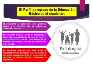 El Perfil de egreso de la Educación
Básica es el siguiente:
El estudiante se reconoce como persona
valiosa y se identifica con su cultura en
diferentes contextos.
El estudiante propicia la vida en democracia a
partir del reconocimiento de sus derechos y
responsabilidades y de la comprensión de los
procesos históricos y sociales de nuestro país
y del mundo.
El estudiante practica una vida activa y
saludable para su bienestar, cuida su cuerpo e
interactúa respetuosamente en la práctica de
distintas actividades físicas, cotidianas o
deportivas.
 