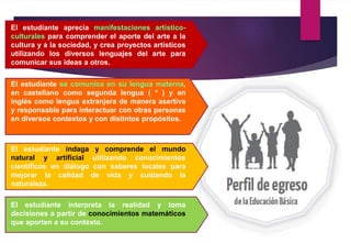 El estudiante aprecia manifestaciones artístico-
culturales para comprender el aporte del arte a la
cultura y a la sociedad, y crea proyectos artísticos
utilizando los diversos lenguajes del arte para
comunicar sus ideas a otros.
El estudiante se comunica en su lengua materna,
en castellano como segunda lengua ( * ) y en
inglés como lengua extranjera de manera asertiva
y responsable para interactuar con otras personas
en diversos contextos y con distintos propósitos.
El estudiante indaga y comprende el mundo
natural y artificial utilizando conocimientos
científicos en diálogo con saberes locales para
mejorar la calidad de vida y cuidando la
naturaleza.
El estudiante interpreta la realidad y toma
decisiones a partir de conocimientos matemáticos
que aporten a su contexto.
 