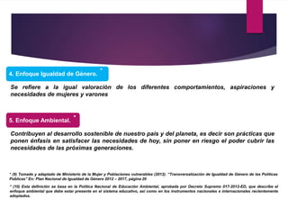 4. Enfoque Igualdad de Género.
*
* (9) Tomado y adaptado de Ministerio de la Mujer y Poblaciones vulnerables (2012). “Transversalización de Igualdad de Género de las Políticas
Públicas” En: Plan Nacional de Igualdad de Género 2012 – 2017, página 20
Se refiere a la igual valoración de los diferentes comportamientos, aspiraciones y
necesidades de mujeres y varones
5. Enfoque Ambiental.
Contribuyen al desarrollo sostenible de nuestro país y del planeta, es decir son prácticas que
ponen énfasis en satisfacer las necesidades de hoy, sin poner en riesgo el poder cubrir las
necesidades de las próximas generaciones.
*
* (10) Esta definición se basa en la Política Nacional de Educación Ambiental, aprobada por Decreto Supremo 017-2012-ED, que describe el
enfoque ambiental que debe estar presente en el sistema educativo, así como en los instrumentos nacionales e internacionales recientemente
adoptados.
 